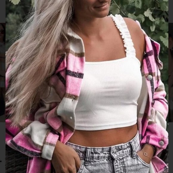 Casual Plaid Flap Pocket detailed button down pink Overshirt - Picture 8 of 16